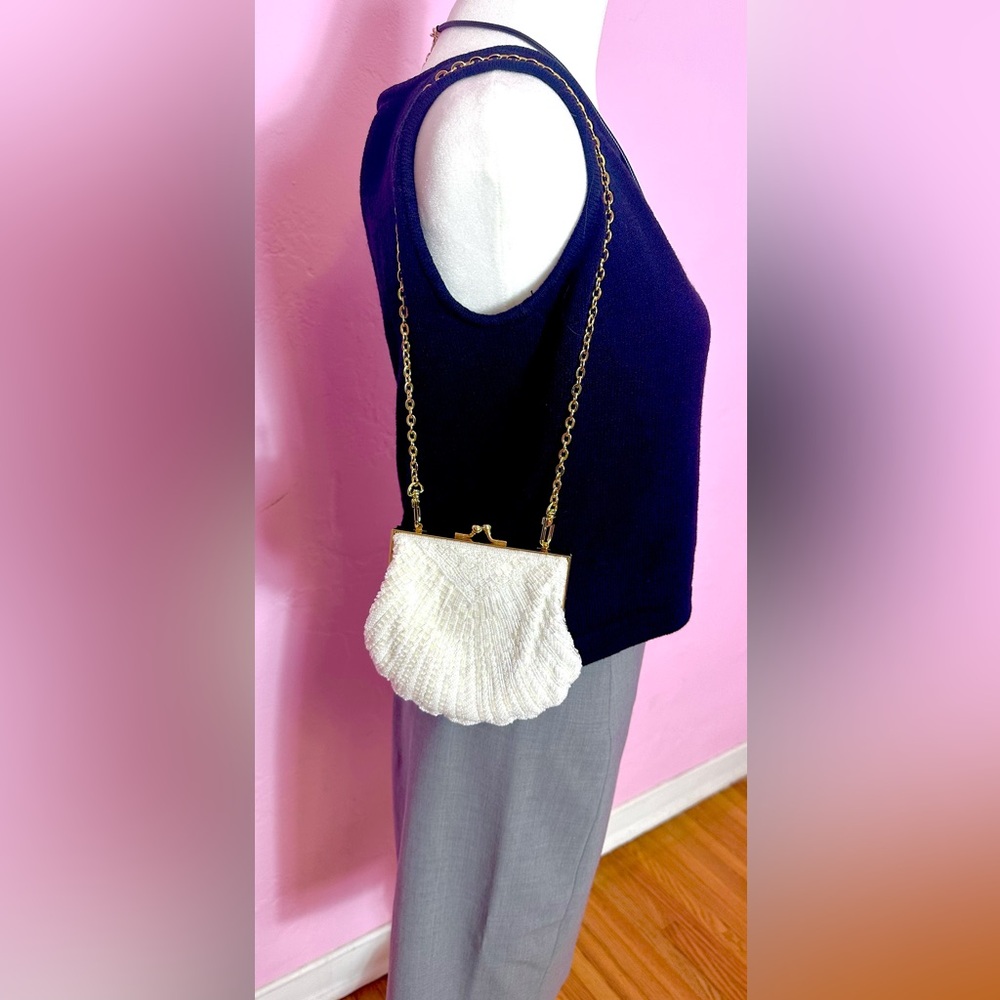 Elegant Small Evening White Beaded Bag w/Shoulder Chain, Excellent Preowned Cond - Picture 3 of 13